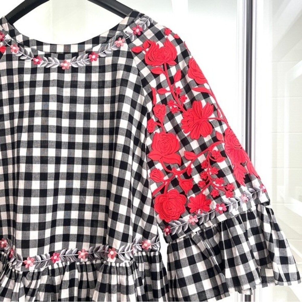 Anthropologie Pankaj and Nidhi Gingham Check Applique Cotton Top S NWOT - Picture 16 of 16